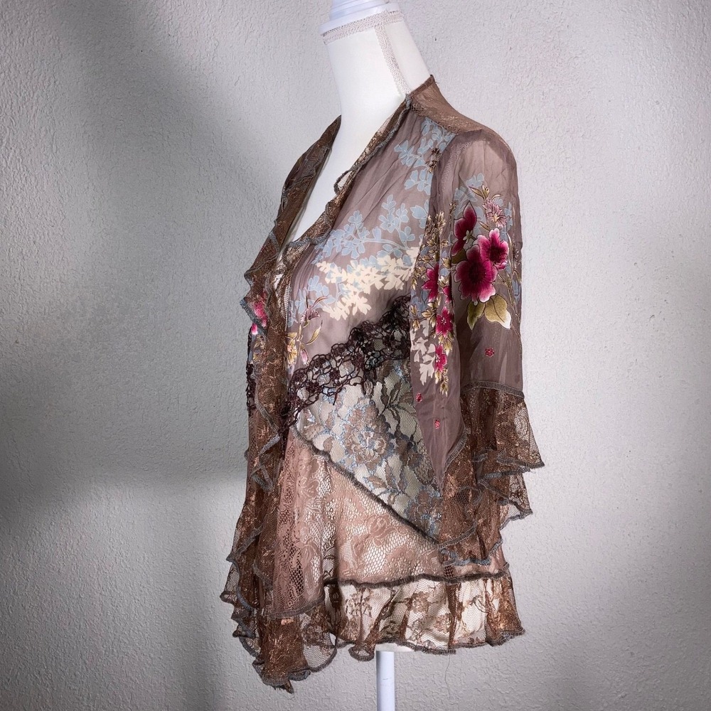 Spencer Alexis Boho Floral Embroidered Lace Kimono Brown Sheer Open Front Top - Picture 3 of 10